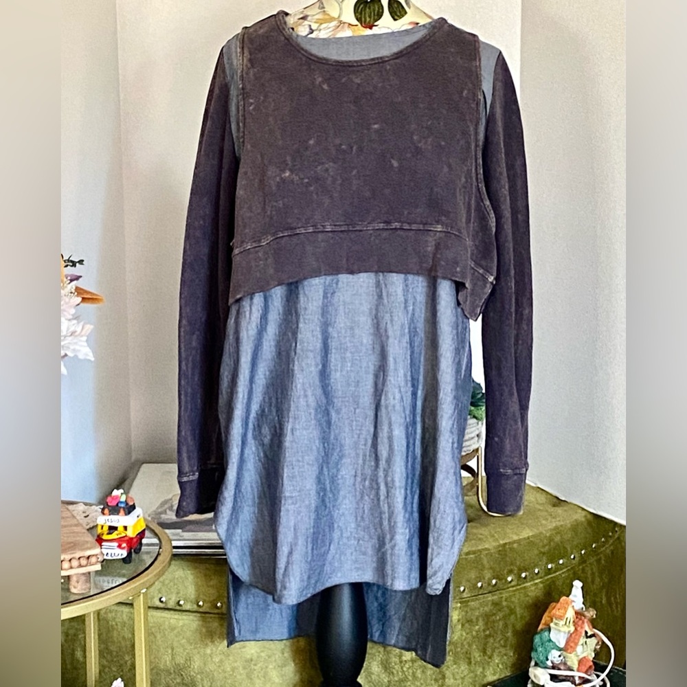 UNDERSTAR TUNIC LAYERED SWEATER VEST DISTRESSED GRAY DENIM LONG SHIRT JNRS LARGE